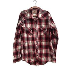 Wrangler Mens Western Shirt XLT Burgundy Red Black Plaid Long Sleeve Snap Button